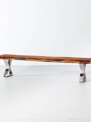 Acacia Live Edge Wood Bench with Chrome X-shaped Legs/Natural Finish