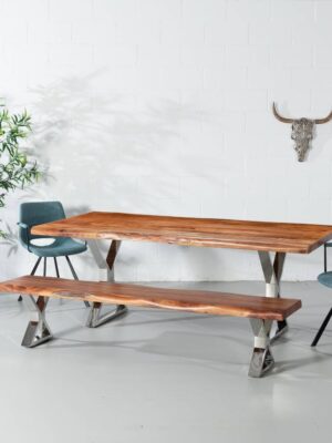 Acacia Live Edge Wood Table with Chrome X Legs/Natural Color