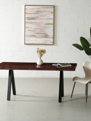 Acacia Solid Wood Live Edge Table with Black Pyramid-Shaped Legs/Honey Walnut Color