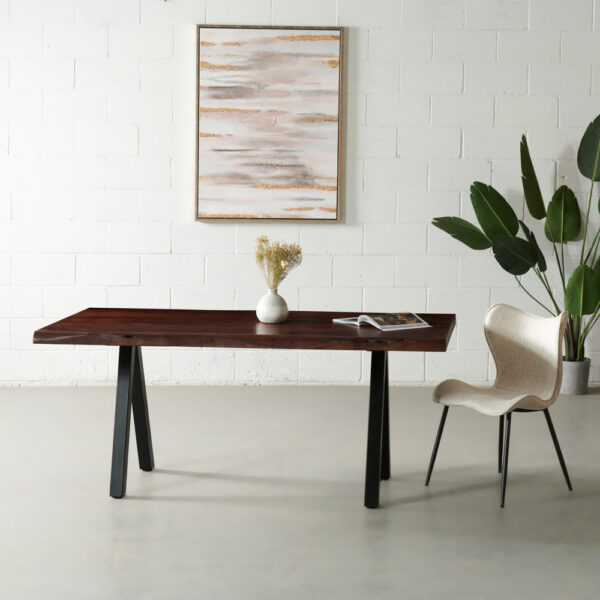 Acacia Solid Wood Live Edge Table with Black Pyramid-Shaped Legs/Honey Walnut Color