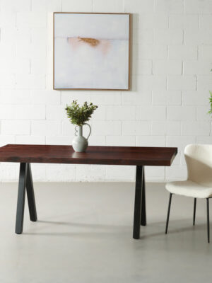 Acacia Solid Wood Straight Cut Table with Black Pyramid-Shaped Legs/Honey Walnut Color